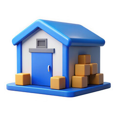 3d warehouse building with boxes isolated on transparent background