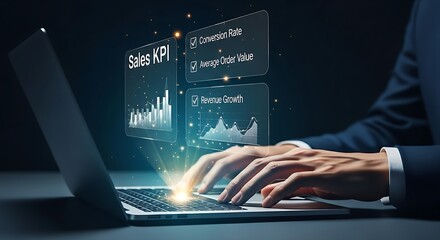 Sales KPIs dashboard concept. Hands on a laptop with a holographic interface displaying key sales performance indicators like conversion rate and revenue growth.