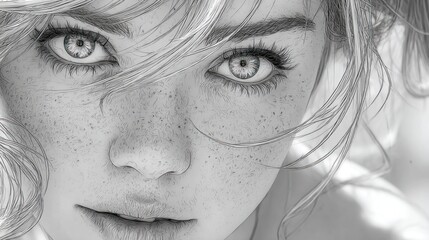 Obraz premium Intense Monochrome Portrait of a Young Woman with Freckles and Windblown Hair