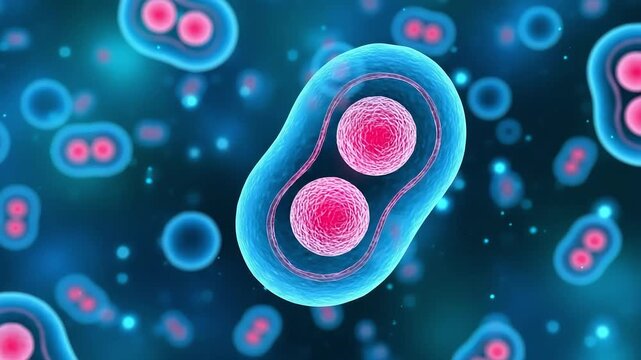 A microscopic view of a single cell undergoing division with two distinct nuclei visible within its membrane surrounded by other dividing