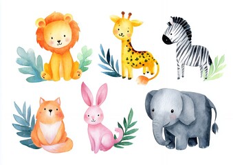 Fototapeta premium Adorable Watercolor Animals Illustration Lion, Giraffe, Zebra, Cat, Rabbit, and Elephant with Tropical Leaves