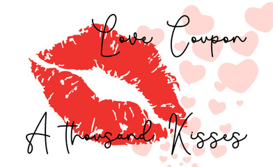 Red lipstick print with red hearts silhouette isolated on a white background