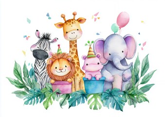 Naklejka premium Adorable Watercolor Cartoon Animals Celebrating Birthday Party