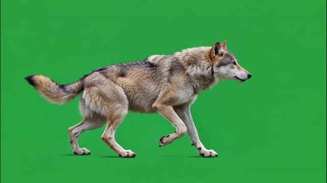 Gray wolf running in profile view isolated on green screen chroma key background