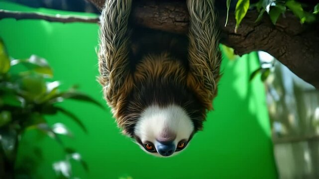 Adorable sloth hangs upside down from a branch against green screen