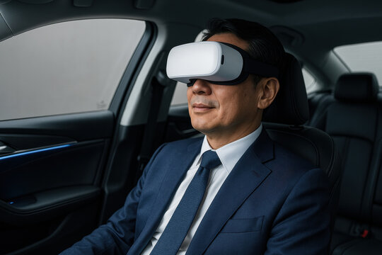 Confident businessman in formal suit experiencing virtual reality technology while sitting in autonomous modern car interior - Powered by Adobe