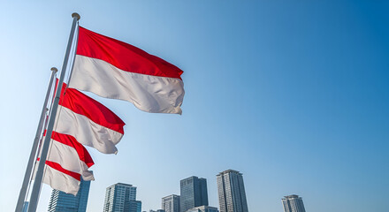 Indonesian Flag Waving Against Blue Sky with Urban Cityscape During Independence Day Celebration in Indonesia