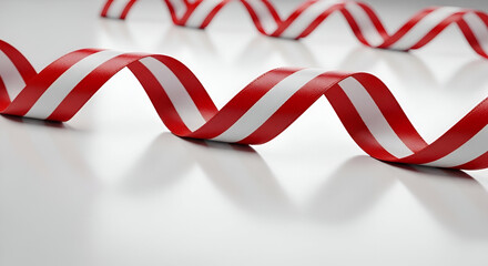 Fototapeta premium Red and White Curled Ribbon on Smooth Surface Ideal for Celebrations and Decorative Presentations