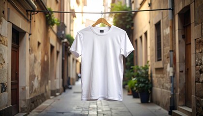 Naklejka premium Blank white t-shirt mockup hanging on a wooden hanger in a charming old town alleyway for apparel design presentation.