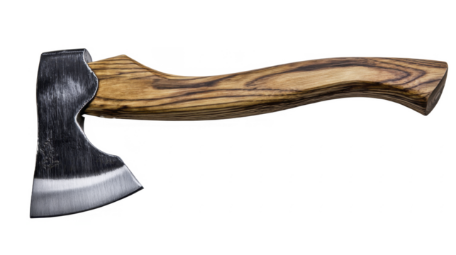 Sharp steel blade axe with a distinctive striped wooden handle on a clean white background