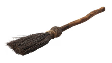 Traditional brown broom made from tree branches and twine on white background