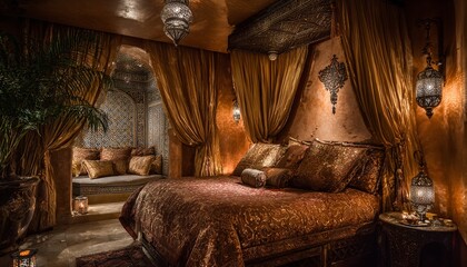Chambre à coucher de style sultan avec lit à baldaquin sculpté et riches broderies