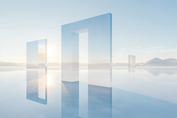 Minimalist abstract landscape featuring geometric shapes reflected in water against a backdrop of soft mountains and a tranquil sky.