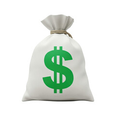 A White Fabric Money Bag Tied With Rope Featuring a Large Green Dollar Sign Isolated On White Background