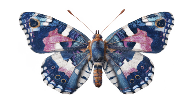Vibrant blue pink and white butterfly with detailed wings on a stark white background