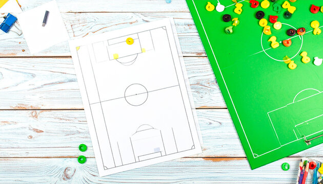 Overhead view of a soccer strategy board with colorful markers on a wooden desk