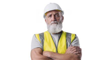 Experienced senior worker in hard hat and yellow safety vest with arms crossed