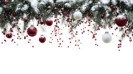 Winter holiday garland border with festive red baubles and snowy pine branches