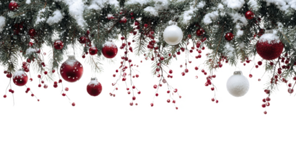 Winter holiday garland border with festive red baubles and snowy pine branches