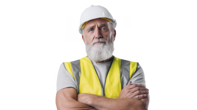 Experienced senior worker in hard hat and yellow safety vest with arms crossed - Powered by Adobe