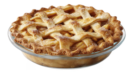 Freshly baked pie with golden lattice crust in a glass dish on a transparent background PNG image