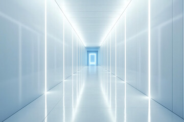 A futuristic corridor with bright white walls and a glowing square portal at the end, creating a sleek and modern aesthetic.