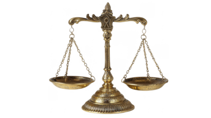 Ornate golden brass balance scale with empty pans on a transparent background PNG image, symbolizing justice and equality PNG file