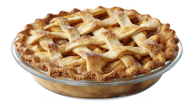 Freshly baked pie with golden lattice crust in a glass dish on a transparent background PNG image