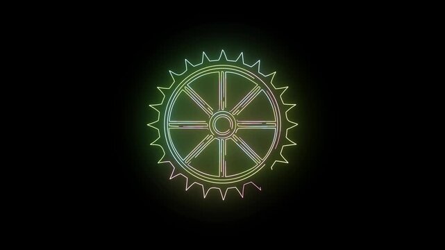 Neon Gear Outline with Gradient Colors on Black Background cogwheel mechanism