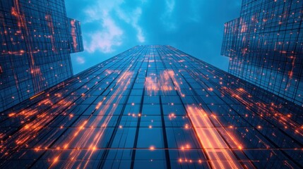 perspective view of illuminated skyscrapers piercing the night sky creating an awe inspiring visual symphony with vibrant orange lights across a deep blue facade