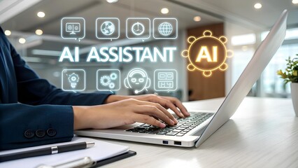 AI assistant and generative AI tools concept with chatbot interface, showing icons for text, voice, media generation. Content on artificial intelligence, productivity tools, digital innovation