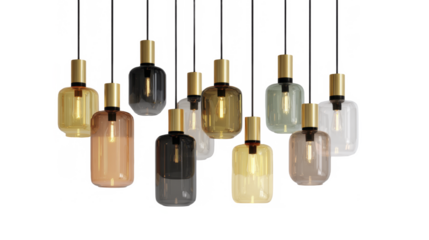 Modern colorful glass pendant lights with gold fixtures and filament bulbs on a transparent background PNG image