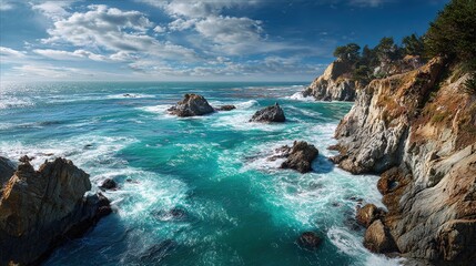 Obraz premium Coastal panorama showcases turquoise water crashing against rugged cliffs under a partly cloudy sky