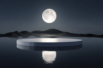 Moonlit stage: minimalist circular platform floating on still water, under a bright full moon against a dark, hilly horizon. Serene presentation.