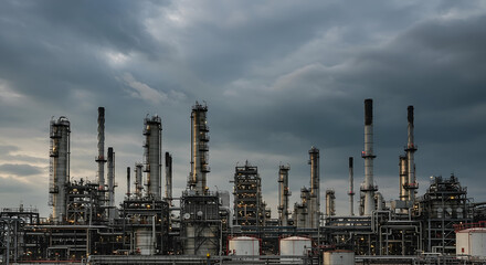 Obraz premium Industrial Oil Refinery Against Dramatic Cloudy Sky with Smoke Emitting from Towers in Urban Landscape