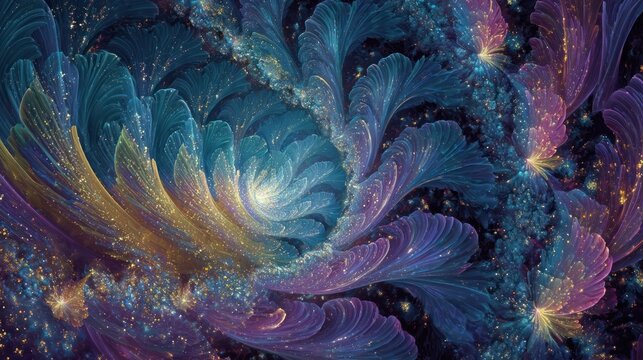 A fractal image with swirling shapes in shades of purple, gold, and teal