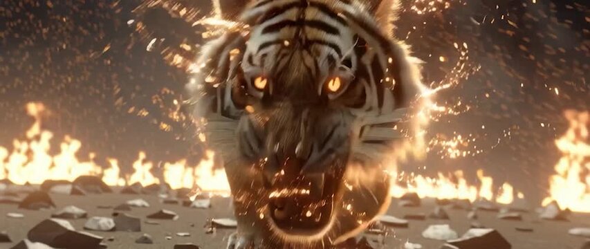 Anamorphic video majestic tiger growling fiercely, with its eyes glowing a fiery orange. Creating a sense of power, danger, and intense energy. 