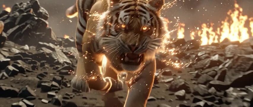 Anamorphic video majestic tiger growling fiercely, with its eyes glowing a fiery orange. Creating a sense of power, danger, and intense energy. 