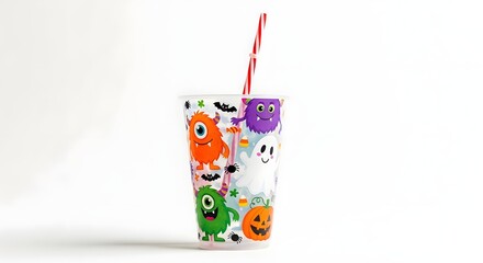 Halloween themed plastic cup with monsters, ghost, pumpkin and a red and white striped straw on white