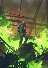 illustration; painting; art; imagination; artwork; warrior; armored; futuristic; spear; glowing; flames; green; sci-fi; battle; soldier; combat; destruction; industrial; dystopian; apocalypse; weapon;