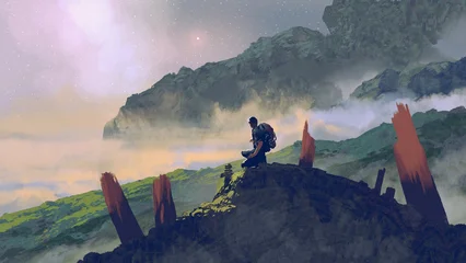Keuken spatwand met foto Beige A lone traveler kneels on a rocky mountain peak surrounded by misty valleys beneath a glowing starry sky, digital art style, illustration painting  © grandfailure