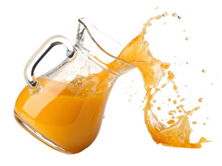 flying pitcher spilling orange juice isolated on white