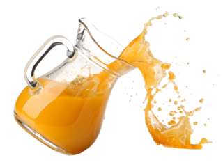 flying pitcher spilling orange juice isolated on white
