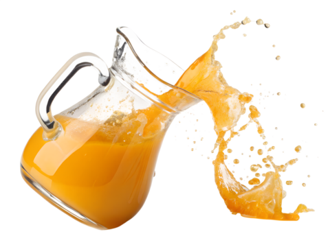 flying pitcher spilling orange juice isolated on white
