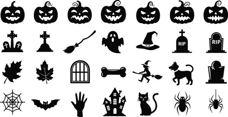 Halloween, vector, silhouette, icon, spooky, ghost, spider, tombstone, pumpkin, haunted, black, cad, artwork, graphic, horror, Halloween icon, spooky silhouette, haunted graphic, ghost vector