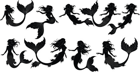 mermaid, silhouette, vector, icon, sea, ocean, fantasy, creature, tail, black, illustration, graphic, pose, cad, drawing, mermaid icon, silhouette vector, sea creature, ocean fantasy