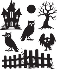 Obraz premium Whimsical Halloween scene with haunted house, owls, crow, tree, moon