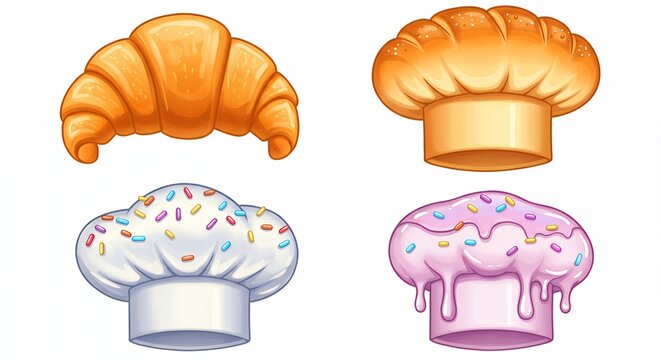 Four chef hats with food related designs