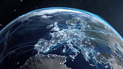 Futuristic concept of a digital network connecting major cities and regions, symbolizing global communication, data transfer, technology, and connectivity. - Powered by Adobe