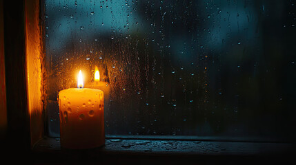Cozy candlelight by a rainy window with water droplets and warm glow, atmospheric indoor scene capturing peaceful mood and contrast between warmth and stormy weather outside